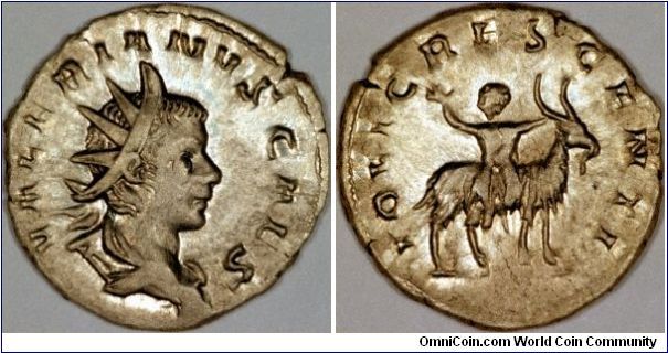 There was in the past considerable confusion about the 2 Valerians. Earlier sources state that he was the son of Valerian I, and the half-brother of Gallienus, and also that many coins of the two Valerians were previously wrongly allocated. Modern opinion is that Valerian II was the son of Gallienus.
Our antoninianus with the radiate head of Valerian facing right, and the legend VALERIANUS CAES.
The reverse shows an infant Jove riding the Amalthaean goat right, with the legend IOVI CRESCENTI.
