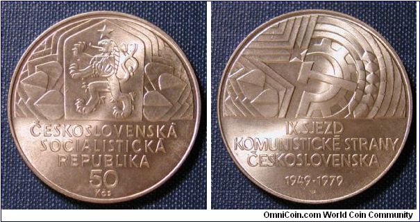 1979 Czechoslovakia 50 Korun
13g
.700 Silver
31mm
Commemorating the 30th Anniversary of the 9th Congress.

Mintage 94,000 however 24,039 Unc coins were melted by the Czech National Bank in 1997.