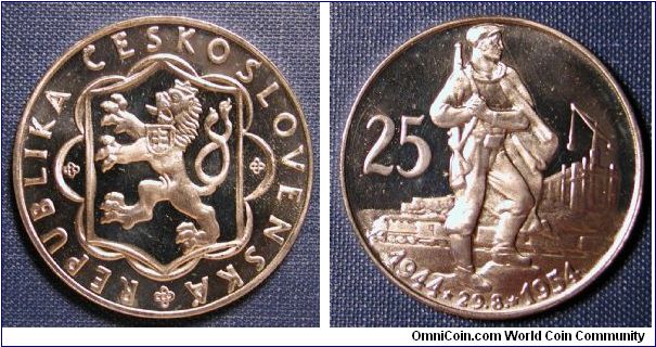 1954 Czechoslovakia 25 Korun Proof
16g
.500 silver
34mm
Commemorating the 10th anniversary of the Slovak uprising.

Mintage 5,000.  An unknown number of proofs were melted by the Czech National Bank in 1997.