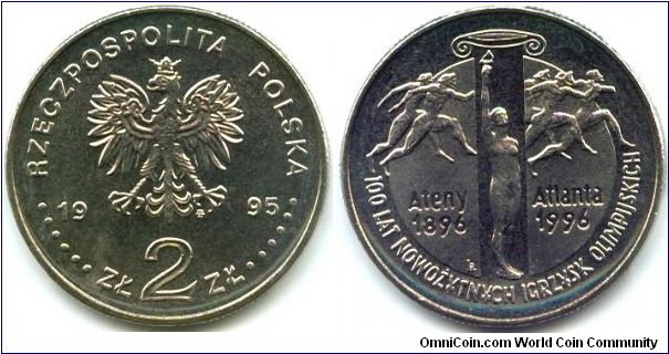 Poland, 2 zlote 1995.
100th Anniversary - Olympic games (1896-1996).