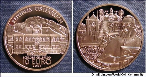 2004 Austria 10 Euro Proof Castle Schloss Hellbrunn.

.925 Silver
16g
32mm
Mintage 60,000

Part of the Austrian Castle Series.