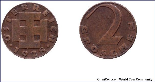 Austria, 2 groschen, 1928, Bronze, cross.                                                                                                                                                                                                                                                                                                                                                                                                                                                                           