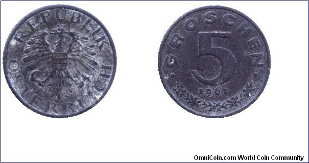 Austria, 5 groschen, 1961, Zn.                                                                                                                                                                                                                                                                                                                                                                                                                                                                                      