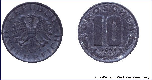 Austria, 10 groschen, 1948, Zn.                                                                                                                                                                                                                                                                                                                                                                                                                                                                                     