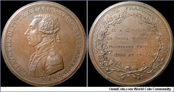 La Fayette, France.

Many people do not realize that Lafayette was a major leader of the early French Revolution. This piece was produced during a period when he was leading the National Guard of Paris.                                                                                                                                                                                                                                                                                                        