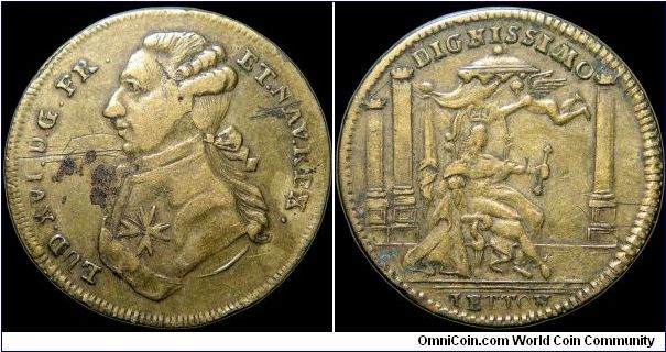 Louis XVI - Dignissimo, France.

Or perhaps more accurately by royalist exiles in Germany. There were many variants of this particular jeton which is not so subtly reminding the public that the King's authority comes from God's hand.                                                                                                                                                                                                                                                                         