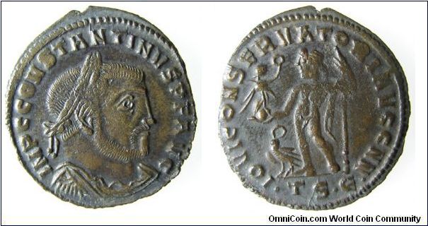 Constantine I - 

OBV: IMP C CONSTANTINVS PF AVG, laureate, draped and cuirassed, facing right

REV: IOVI CONSERVATORI AVGG NN, Jupiter, standing with a scepter, holding Victory on a globe. An eagle below with a wreath in its beak.
EXE: TSE (Thesalonica)