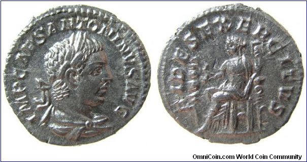 Elagabalus
 OBV: IMP CAES ANTONINVS AVG, laureate draped bust right.
REV: FIDES EXERCITVS, Fides seated left holding eagle & standard, another standard at side