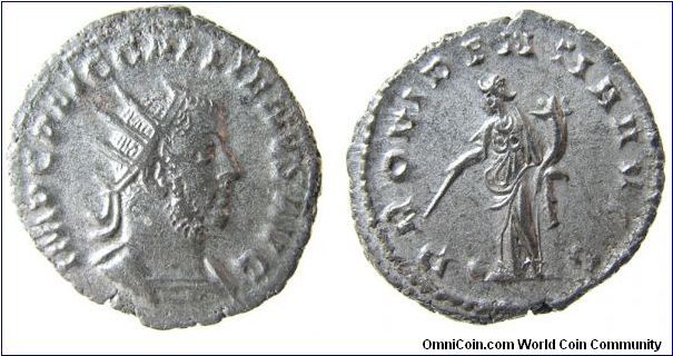 Gallienus - 
Gallienus Billon Antoninianus
OBV: IMP C P LIC GALLIENVS AVG, radiate head right

REV: PROVIDENTIAE AVGG, Providence standing left with wand and cornucopiae, globe at foot.