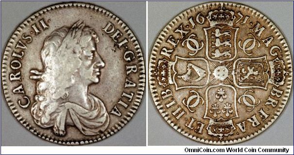 Third portrait variety obverse of Charles II crown. Regnal year on edge read VICESIMO TERTIO meaning 23rd year of his reign, as it is counted as though his reign started from the end of Charles I's, ignoring the Commonwealth and Cromwell as they they had never existed!
