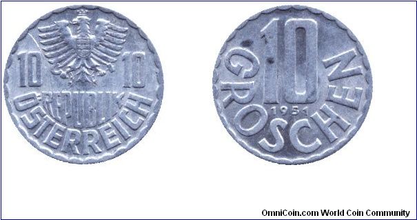 Austria, 10 groschen, 1951, Al.                                                                                                                                                                                                                                                                                                                                                                                                                                                                                     