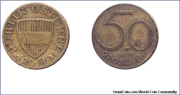 Austria, 50 groschen, 1959, Al-Bronze.                                                                                                                                                                                                                                                                                                                                                                                                                                                                              