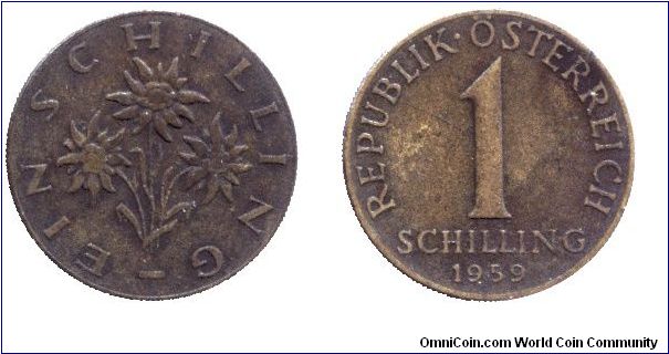 Austria, 1 shilling, 1959, Al-Bronze, Edelweiss flower.                                                                                                                                                                                                                                                                                                                                                                                                                                                             