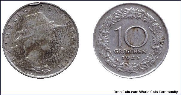 Austria, 10 groschen, 1925, Cu-Ni, Woman in Hat.                                                                                                                                                                                                                                                                                                                                                                                                                                                                    