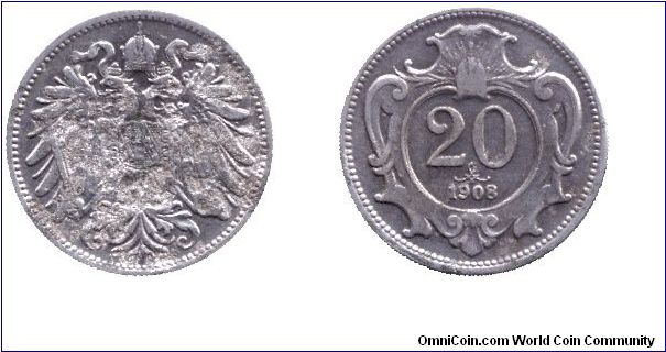 Austria, 20 heller, 1908, Ni.                                                                                                                                                                                                                                                                                                                                                                                                                                                                                       