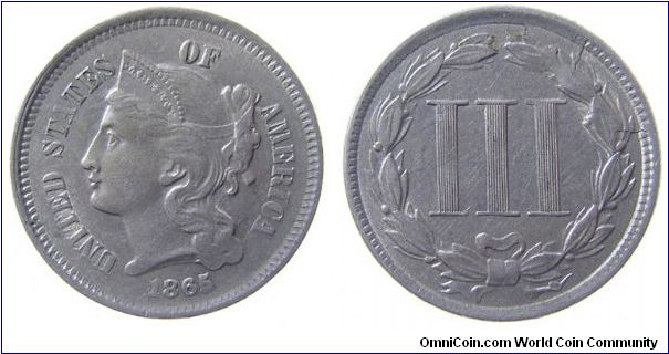 1865 three cents. Nickel, with die cracks.