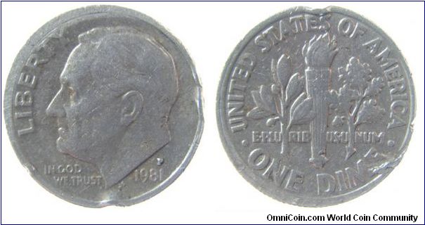 1981 Roosevelt dime - damaged - probably encased. Not off center.