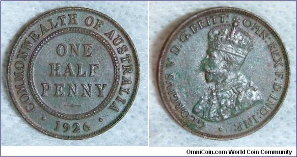 AUSTRALIA 1926 HALF PENNY IN COPPER
For sale . Please make an extremely good   offer to david_dino23@yahoo.com.
Thank you.