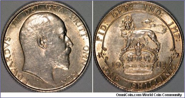 Shilling of Edward VII with attractive toning.