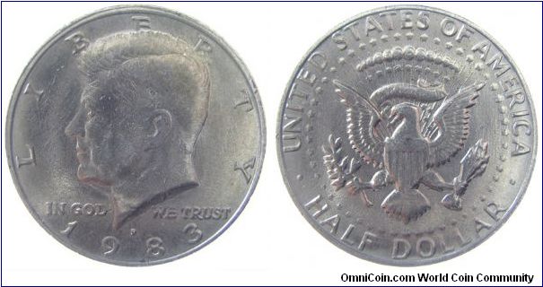 1983-P 'No FG' Kennedy half dollar. Designer initials missing due to die polishing.