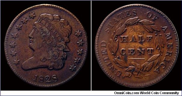 1828 U.S. Classic Head Half Cent. Cohen-2. 12-star variety.