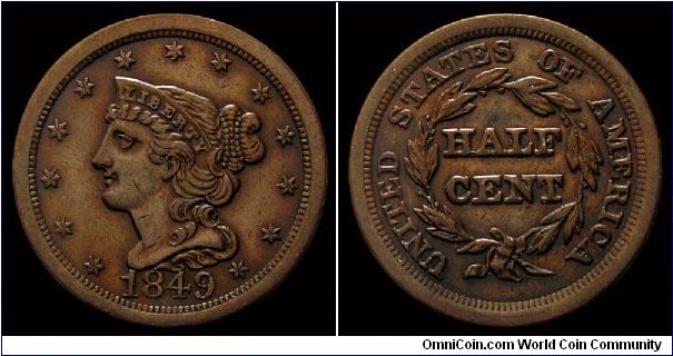 1849 U.S. Coronet Head Half Cent. Cohen-1.