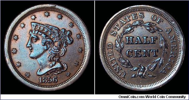 1856 U.S. Coronet Head Half Cent. Cohen-1. Blue toning.