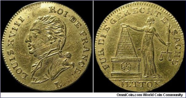 Peace of Paris, France.

A Lauer jeton from the time of Napoleon's First Abdication.                                                                                                                                                                                                                                                                                                                                                                                                                              