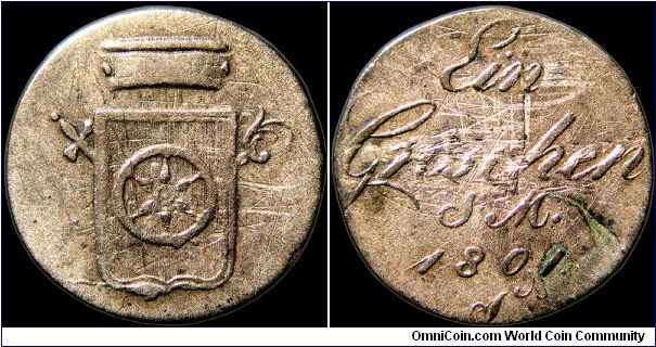 1 Groschen, Erfurt.

1/24 Thaler. There are only three one year coins from this city in my time period. Erfurt stopped producing coins in 1802.                                                                                                                                                                                                                                                                                                                                                                   