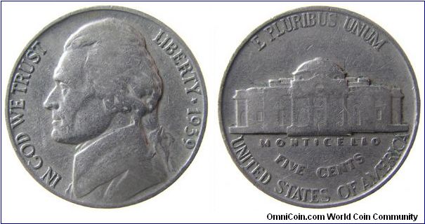 1939 Jefferson, double five cents and monticello