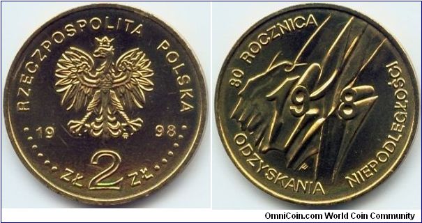 Poland, 2 zlote 1998.
80th Anniversary - Polish Independence.