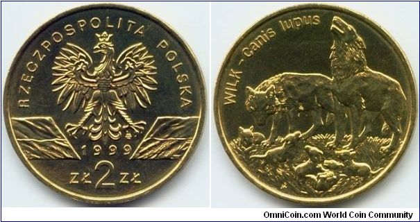 Poland, 2 zlote 1999.
Grey wolf (Canis Lupus).