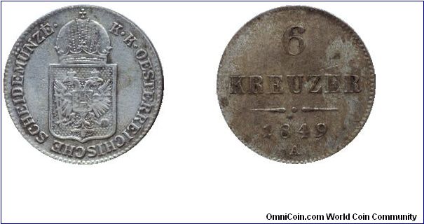 Austria, 6 kreuzer, 1849, Ag, K. K. Oesterreichische Scheidemünze                                                                                                                                                                                                                                                                                                                                                                                                                                                   