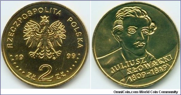 Poland, 2 zlote 1999.
150th Anniversary - Death of Juliusz Slowacki.