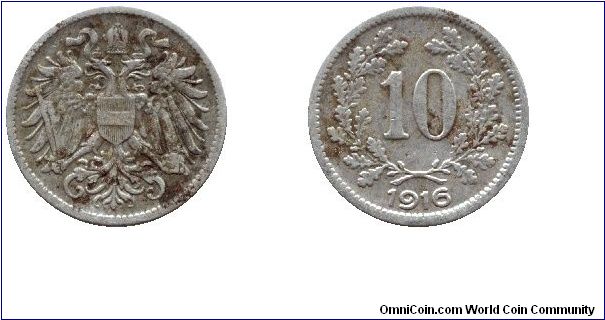 Austria, 10 heller, 1916, Cu-Ni-Zn.                                                                                                                                                                                                                                                                                                                                                                                                                                                                                 