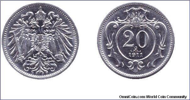 Austria, 20 heller, 1911, Ni.                                                                                                                                                                                                                                                                                                                                                                                                                                                                                       