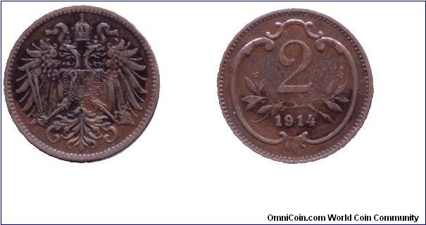 Austria, 2 heller, 1914, Bronze.                                                                                                                                                                                                                                                                                                                                                                                                                                                                                    