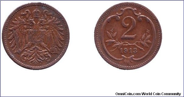 Austria, 2 heller, 1913, Bronze                                                                                                                                                                                                                                                                                                                                                                                                                                                                                     