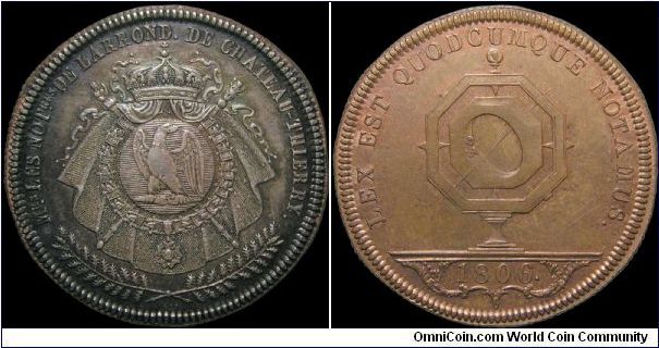 Notaires de Château-Thierry, France.

An odd piece, one of the only ones of the period I've ever seen with different metals showing for each side. The reverse is incomplete compared to the production strikes which were copper or silver but not both. They may have been testing a silvered copper strike and it is probably unique.                                                                                                                                                                          