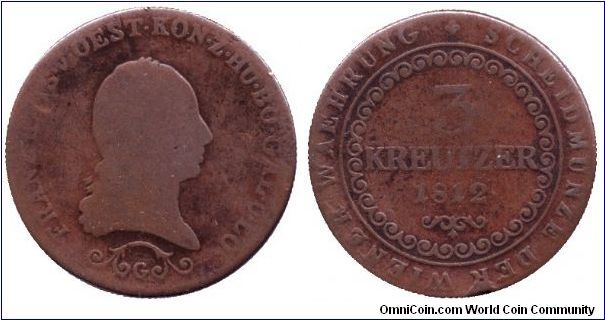Austria, 3 kreuzer, 1812, Cu, MM: G, Emperor Franz I.                                                                                                                                                                                                                                                                                                                                                                                                                                                               