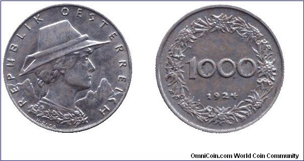 Austria, 1000 krone, 1924, Cu-Ni.                                                                                                                                                                                                                                                                                                                                                                                                                                                                                   