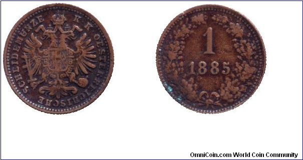 Austria, 1 kreuzer, 1885, Cu.                                                                                                                                                                                                                                                                                                                                                                                                                                                                                       