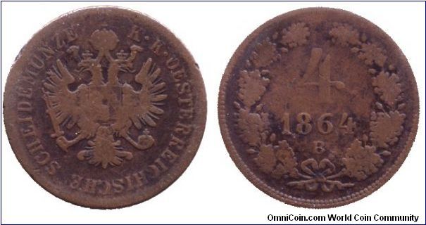 Austria, 4 kreuzer, 1864, Cu, MM: B.                                                                                                                                                                                                                                                                                                                                                                                                                                                                                