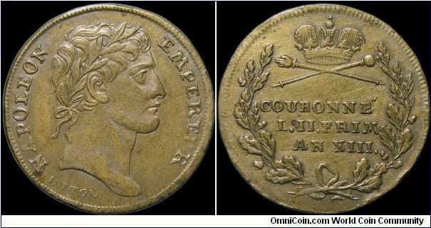 Le couronnement, France.

This piece has the date in the Revolutionary calendar. It translates roughly to 'Crowned the 11th Frimaire, year XIII', which is incorrect. The coronation had been scheduled for late November but was ultimately postponed until December 2nd in order to let the Pope cross the Alps. Many of the German jetons, like this one,  bear the original date.                                                                                                                             