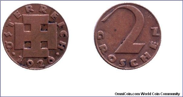Austria, 2 groschen, 1926, Bronze.                                                                                                                                                                                                                                                                                                                                                                                                                                                                                  