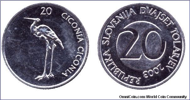Slovenia, 20 tolars, 2003, Ciconia Ciconia.                                                                                                                                                                                                                                                                                                                                                                                                                                                                         