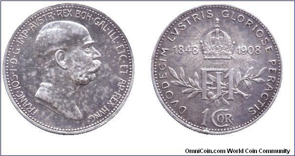 Austria, 1 corona, 1908, 60th anniversary of reign, emperor Franz Joseph I.                                                                                                                                                                                                                                                                                                                                                                                                                                         