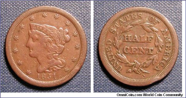 1851 Coronet Half Cent
