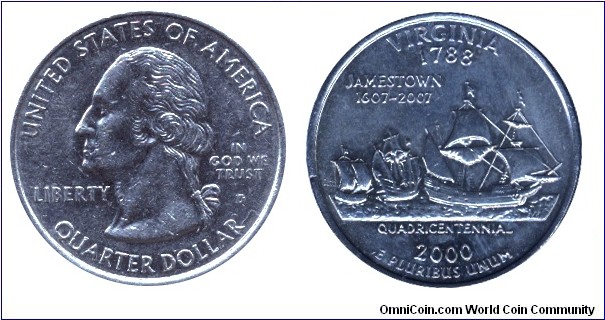 USA, 1/4 dollar, 2000, Cu-Ni, Virginia - 1788; Jamestone 1607-2007; MM: P.                                                                                                                                                                                                                                                                                                                                                                                                                                          