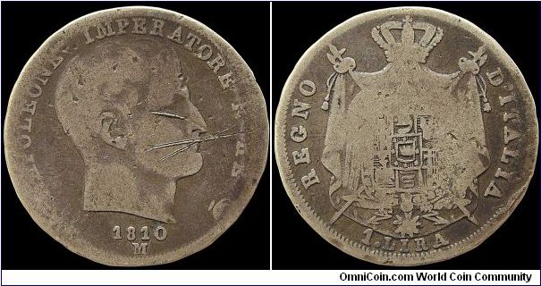 1 Lira, Napoleonic Kingdom of Italy.

Milan mint. Heavy wear and scratches.                                                                                                                                                                                                                                                                                                                                                                                                                                       